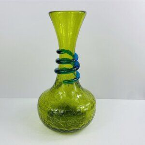 Vintage Rainbow Glass Duotone Vase Green Crackle Glass w/ Applied Blue Spiral